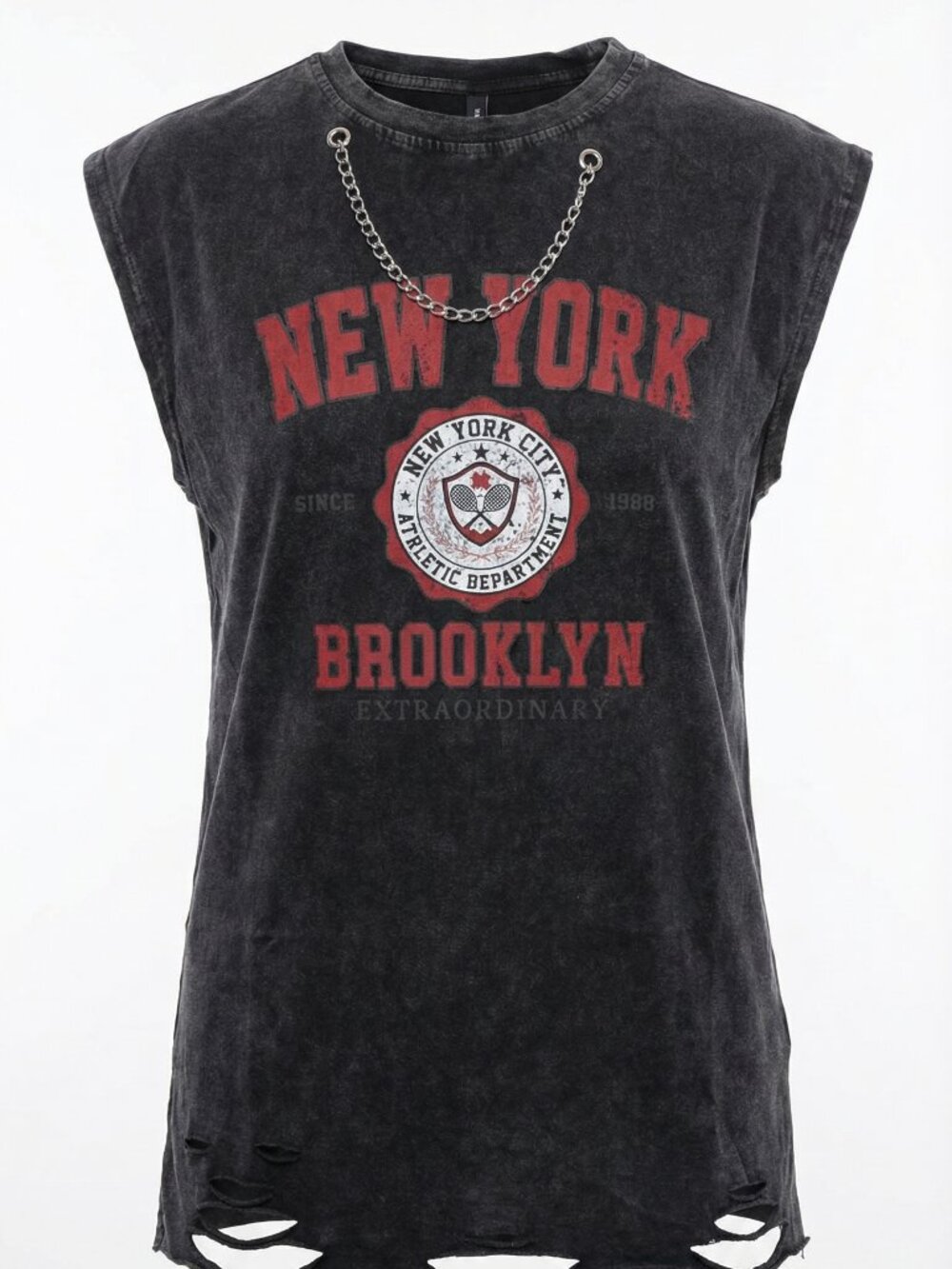Distressed “New York Brooklyn” Tee w/ Removable Chain One Size
